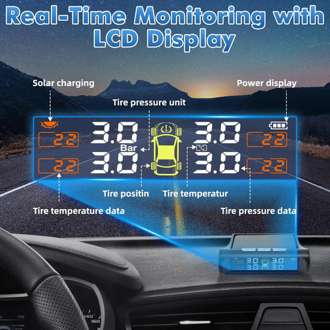 Real Time Tire Pressure Monitoring System With Solar Charging, 4 TPMS Sensors Pack, High Precision Readouts To 0.5 PSI, Updates Every 3 Seconds While Driving, Easy Install, Boost Safety And Driver Peace Of Mind. LCD dashboard display in car