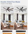 Double-sided fan blade in walnut and black in modern living room setting.