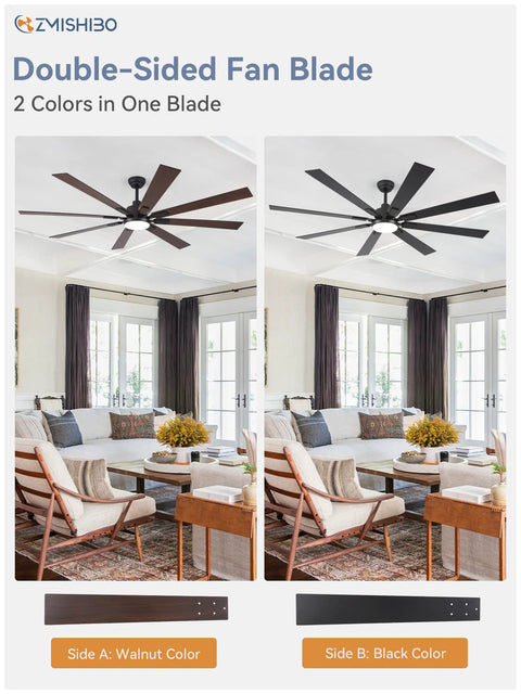 Double-sided fan blade in walnut and black in modern living room setting.