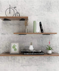 Heavy Duty Triangle Shelf Brackets For Wall Mount Floating Corner Supports supporting wood shelves with decorative items.