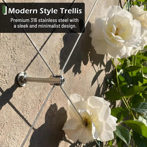 Heavy Duty Tension Wire Trellis Kit For Outdoor Gardens Comes Complete With Crosshead Hubs Wall Anchors Cable Cutters Plus Fifty Three Feet Of Sturdy Stainless Lines To Make Your Garden Look Pretty Badass, showing minimalist design and white flowers.