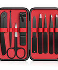 9 Piece Stainless Steel Eyebrow Tweezers Kit With Leather Travel Case, shown open with tools in red case