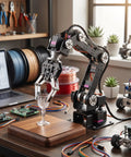 Build Your Own 6 Degree Freedom Mechanical Robot Arm Kit With Servo Motors Claw Gripper lifting a delicate glass cup on a work table.
