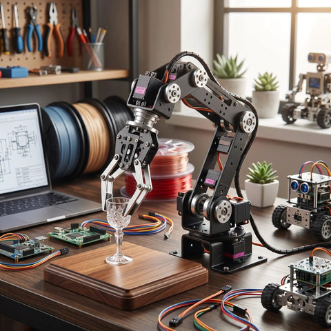 Build Your Own 6 Degree Freedom Mechanical Robot Arm Kit With Servo Motors Claw Gripper lifting a delicate glass cup on a work table.