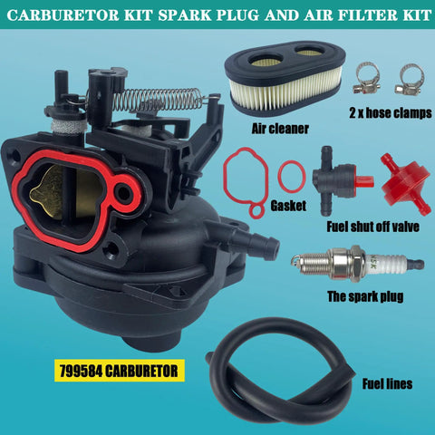 Carburetor DIY Friendly Repair Kit With Spark Plug And Air Filter Assembly For Briggs And Stratton Engines Compatible With Troy Bilt TB110 TB200 163cc Models Including 550EX 625EX 675EX 725EX And Other 163cc Series, includes air filter, spark plug, gasket, fuel shut-off valve, and hose clamps.