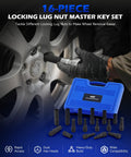 Mechanic using 16 Piece Locking Lug Nut Master Key Set for Quick Wheel Lock Removal, kit displayed on blue background.