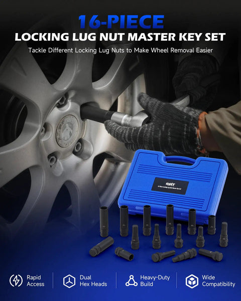 Mechanic using 16 Piece Locking Lug Nut Master Key Set for Quick Wheel Lock Removal, kit displayed on blue background.