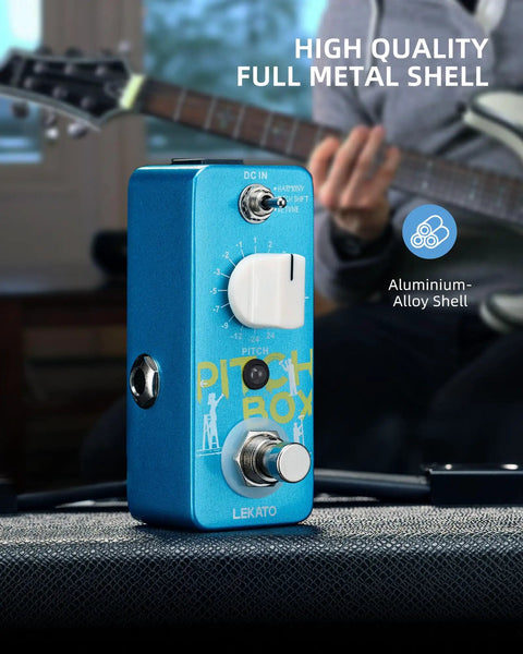 Mini Pitch Shifter Pedal With Harmony, Detune And Pitch Shift Modes For Electric Guitar And Bass displayed with guitar