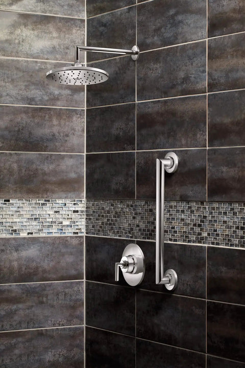 Modern bathroom with 14 Inch Rain Shower Arm And Flange For Overhead Showerhead Chrome Finish One Half Inch IPS Connection