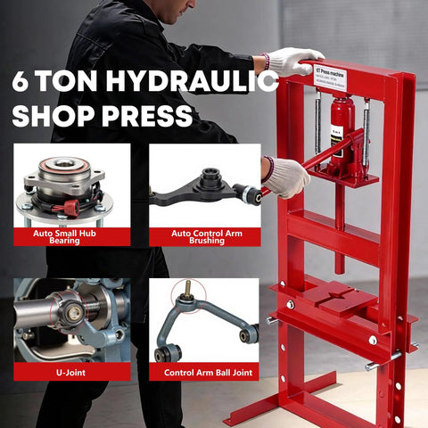 6 Ton Hydraulic H Frame Shop Press With Adjustable Table And Stamping Plates For Auto Repair And Metalworking In Garage Use Beefy Workhorse For Bearing Removal U Joint Installations And Straightening Projects Red