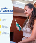 Woman using XL Butt Shower Portable Bidet With 50 Percent More Water Volume For Easy Clean On The Go Replaces Wet Wipes And Shower Toilet Turquoise Travel Butt Spray For Everyday Use