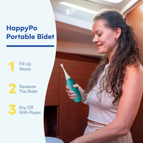 Woman using XL Butt Shower Portable Bidet With 50 Percent More Water Volume For Easy Clean On The Go Replaces Wet Wipes And Shower Toilet Turquoise Travel Butt Spray For Everyday Use