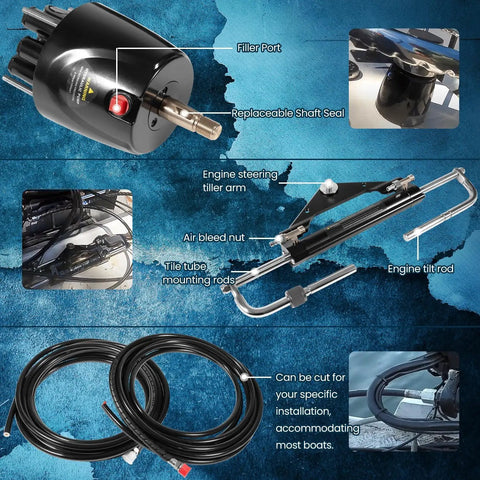 150HP Hydraulic Steering Kit With Wheel For Single Engine Boats Complete Marine System With Built In Two Way Lock Cylinder 26Ft Hoses And Pump Included For Pontoon Deck Runabout And Fishing Boats components including pump, hoses, tiller arm, and mounting rods shown on blue background.