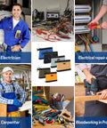 Collage showing electricians, carpenters, and a set of 6 Pack Zipper Tool Pouches Set for Small Hand Tools and Hardware, ideal for professionals.