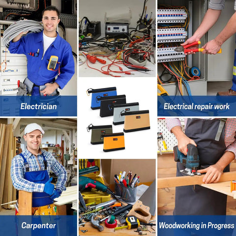 Collage showing electricians, carpenters, and a set of 6 Pack Zipper Tool Pouches Set for Small Hand Tools and Hardware, ideal for professionals.