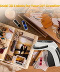 Super Slick Manual 3D Embossing Label Maker With Tape Roll Inkless Quiet Rotation Press Cut Mechanism No Batteries Or Apps Needed Easy Peasy For Home Office School Supplies And Junk Drawers on a scrapbook with colorful tapes.