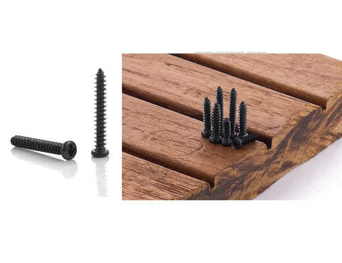 No Sweat Heavy Duty Black Carbon Steel Self Tapping Screws Assortment Kit with Smooth Round Pan Heads on wood.
