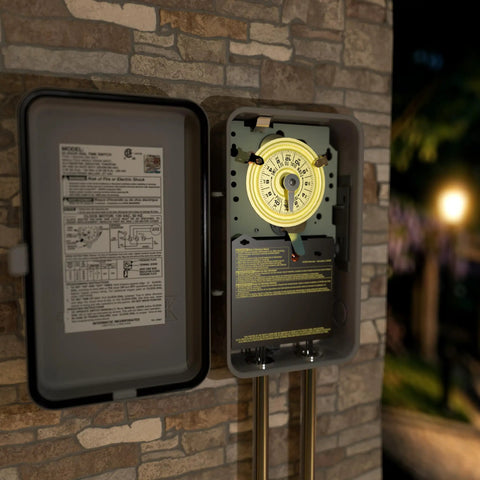 Heavy Duty 24 Hour Mechanical Timer Switch 120V SPST Type 3R Indoor Outdoor Metal Enclosure 40 Amp With Manual Override For Lights Pumps Fans And HVAC Systems