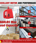 Nilight 3-In-1 Electric Hoist Winch, 660 Lbs Portable Power Crane With Wired Wireless Remote Control, 1500W 110V Motor For Garage Warehouse Factory Use, 33 Fts Per Min Speed 39 Ft Height Lift Capacity Red Finish with powerful motor and lifting specifications.