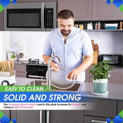 Man cleaning 12.75 Inch Microwave Plate Replacement Fits WB49X10129 WB49X10074 Glass Turntable Plate at kitchen sink