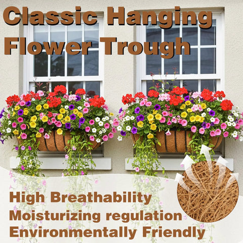 Gonna Love How Fresh These 2 Pack 24 Inch Railing Planter Boxes Look On Your Patio Featuring Heavy Duty Metal Frames And Natural Coir Liners Zero Fuss Window Boxes For Deck Balcony with vibrant flowers.