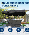 Three Seat Outdoor Porch Swing With Stand And Adjustable Canopy For Backyard Patio, 800 Lb Capacity, Tilt Shade In Grey