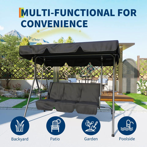 Three Seat Outdoor Porch Swing With Stand And Adjustable Canopy For Backyard Patio, 800 Lb Capacity, Tilt Shade In Grey