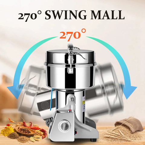 High Speed 2000 Gram Grain Mill Grinder Electric Machine on kitchen counter with rotating stainless steel blades, spice bowls nearby