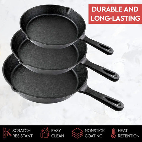 Stacked Heavy Duty Cast Iron Skillet Set With Cookbook, 3 Piece Preseasoned Pro Grade Cookware, 10 Inch, 8 Inch, 6.25 Inch Pans Black