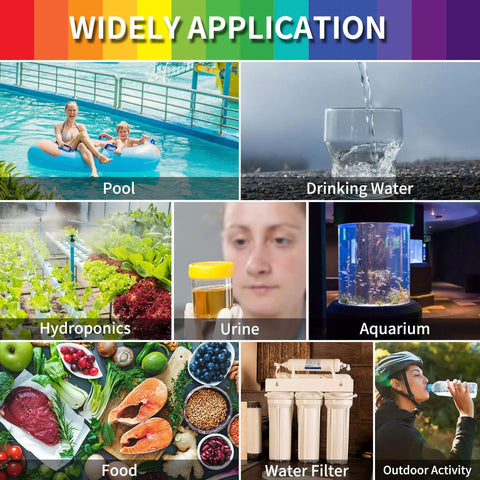 Collage of wide applications for Digital pH and TDS Meter Combo including pool, drinking water, hydroponics, and aquariums.