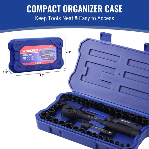 Open toolbox showing 39 Piece Drive Socket Wrench Set With One Quarter Inch And Three Eighth Inch Sockets, organized neatly.