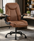 Brown leather home office desk chair with ergonomic back support, swivel wheels, flip-up armrests, and quilted design.