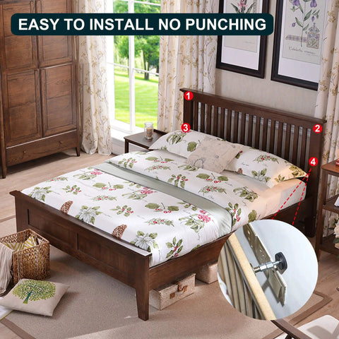 Straight Up Dependable Adjustable Headboard Stoppers For Wall 4 Piece Set Self Adhesive Bed Frame Brackets on a wooden bed in a cozy room.