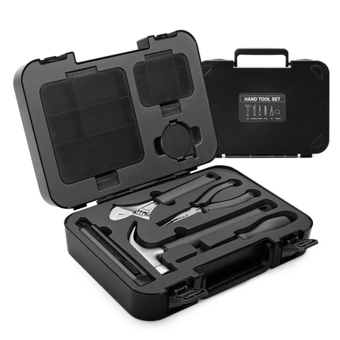 Compact Home Tool Kit With Hammer Essential DIY Handy Hand Tool Set For Home Repairs In A Sturdy Case Includes Screwdrivers Pliers Tape Measure And Wrenches For Quick Everyday Fixes, showing open black case with tools.