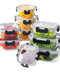 18 Piece Glass Food Storage Set With Lids For Meal Prep, Airtight And Leak Proof Containers filled with fruits and vegetables