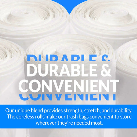 Super Tough Clear 13 Gallon Trash Bags 250 Count Bulk Stash coiled rolls showcasing durable, leak-resistant kitchen liners.