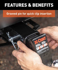 Trailer Hitch Pin And Clip With Grooved Head For Easy Installation Five Eighths Inch Diameter Fits Two Inch Receiver Ergonomic Design For Quick No Fuss Use And Durable Trailer Accessory being installed in a 2-inch receiver.