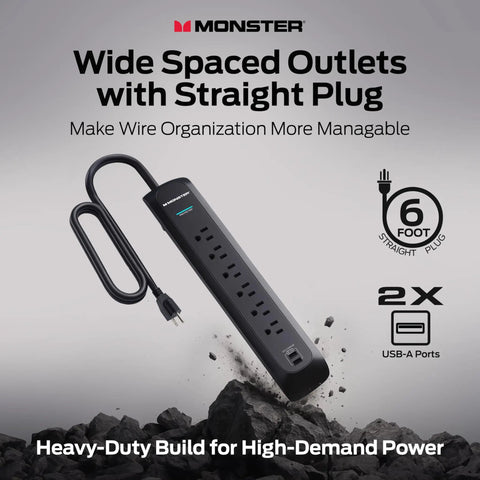 Heavy Duty 1200 Joule Surge Protector With 6 Foot Cable Six Outlets And Two USB A Ports For Home Office Use Fireproof MOV Dual Mode Technology Keeps Your Gadgets Safe And Juiced Up on rocks
