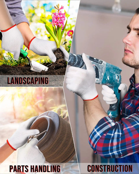 36 Pairs Work Gloves With White Polyester Liners in use for landscaping, parts handling, and construction work for hand protection