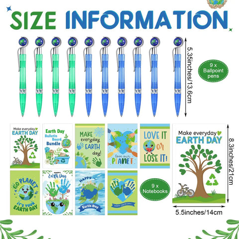 Earth Day Gift Bundle With Nine A5 Notebooks And Nine Globe Pens In Blue And Green, Eco Friendly Classroom Swag Size Information