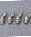 Four pro-grade steel angle fittings from 45 Piece Grease Fitting Kit With Angle And Straight Fittings For Bearings And Marine Use Pro Grade Steel Construction With Grease Nozzles Silver Finish Ideal For Maintenance Or DIY Lubrication Projects.