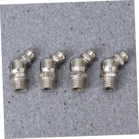 Four pro-grade steel angle fittings from 45 Piece Grease Fitting Kit With Angle And Straight Fittings For Bearings And Marine Use Pro Grade Steel Construction With Grease Nozzles Silver Finish Ideal For Maintenance Or DIY Lubrication Projects.