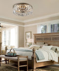 Bedroom with Antique Silver French Empire Crystal Semi Flush Mount Chandelier LED Ceiling Light Fixture, wooden furniture