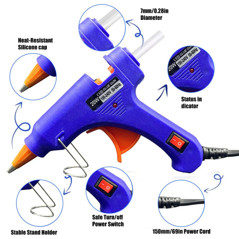 Mini Hot Glue Gun Kit 20W with 10 7mm Glue Sticks Anti Drip Spout showing features and components, perfect for DIY projects.