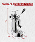 Heavy Hitter 54 Oz Manual Lever Espresso Machine Featuring Chrome And Walnut Finish Curved Portafilter Single Boiler For Barista Grade Brews At Home Made In Italy, dimensions shown.