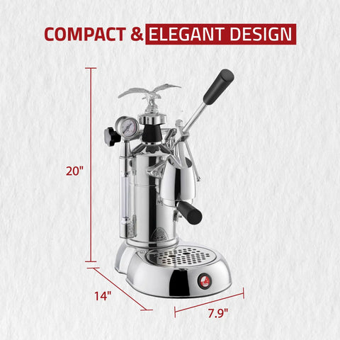 Heavy Hitter 54 Oz Manual Lever Espresso Machine Featuring Chrome And Walnut Finish Curved Portafilter Single Boiler For Barista Grade Brews At Home Made In Italy, dimensions shown.
