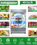 Score A Rock Solid 54 Inch Commercial Glass Door Reach In Refrigerator With Tempered Double Doors 46 Cubic Feet showcasing various food items.
