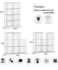Guides for assembling Eight Cube Wire Storage Organizer Kit With Metal Grid Shelving, featuring variants and use icons.