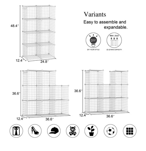 Guides for assembling Eight Cube Wire Storage Organizer Kit With Metal Grid Shelving, featuring variants and use icons.