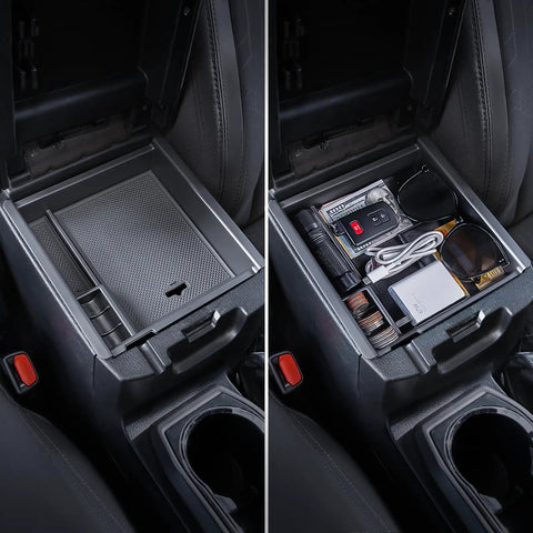 Center Console Organizer For Tacoma Gen 3 2016 2023 3 Piece Tray Set with custom fit in truck interior, holding small items.